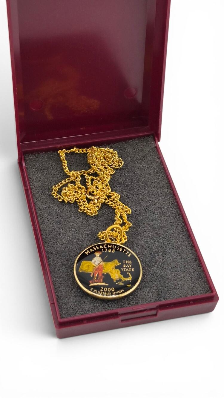 Massachusetts State Quarter Coin Pendant Necklace Gold Tone Boxed Americana
